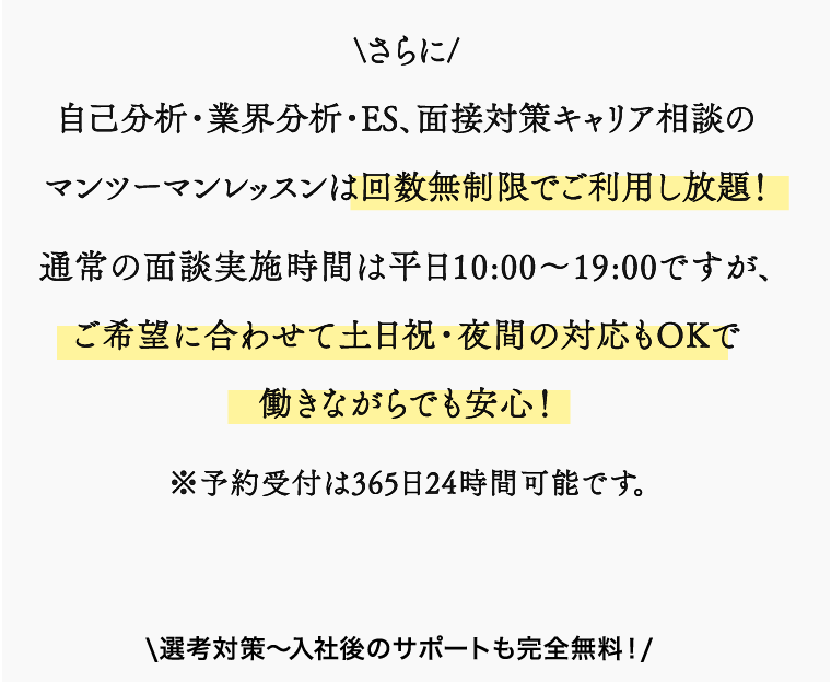 \さらに/自己分析・業界分析・ES、面接対策キャリア相談のマンツーマンレッスンは回数無制限でご利用し放題！通常の面談実施時間は平日10:00～19:00ですが、ご希望に合わせて土日祝・夜間の対応もOKで働きながらでも安心！\選考対策〜入社後のサポートも完全無料！/