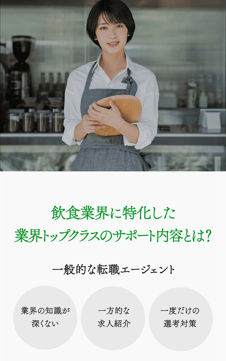 飲食業界に特化した業界トップクラスのサポート内容とは？一般的な転職エージェント 業界の知識が深くない 一方的な求人紹介 一度だけの選考対策